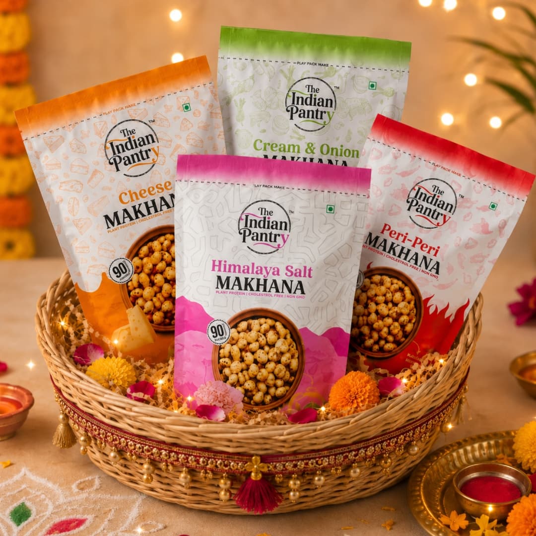Festive Makhana Hamper basket with Cheese, Cream & Onion, Himalaya Salt and Peri-Peri makhana